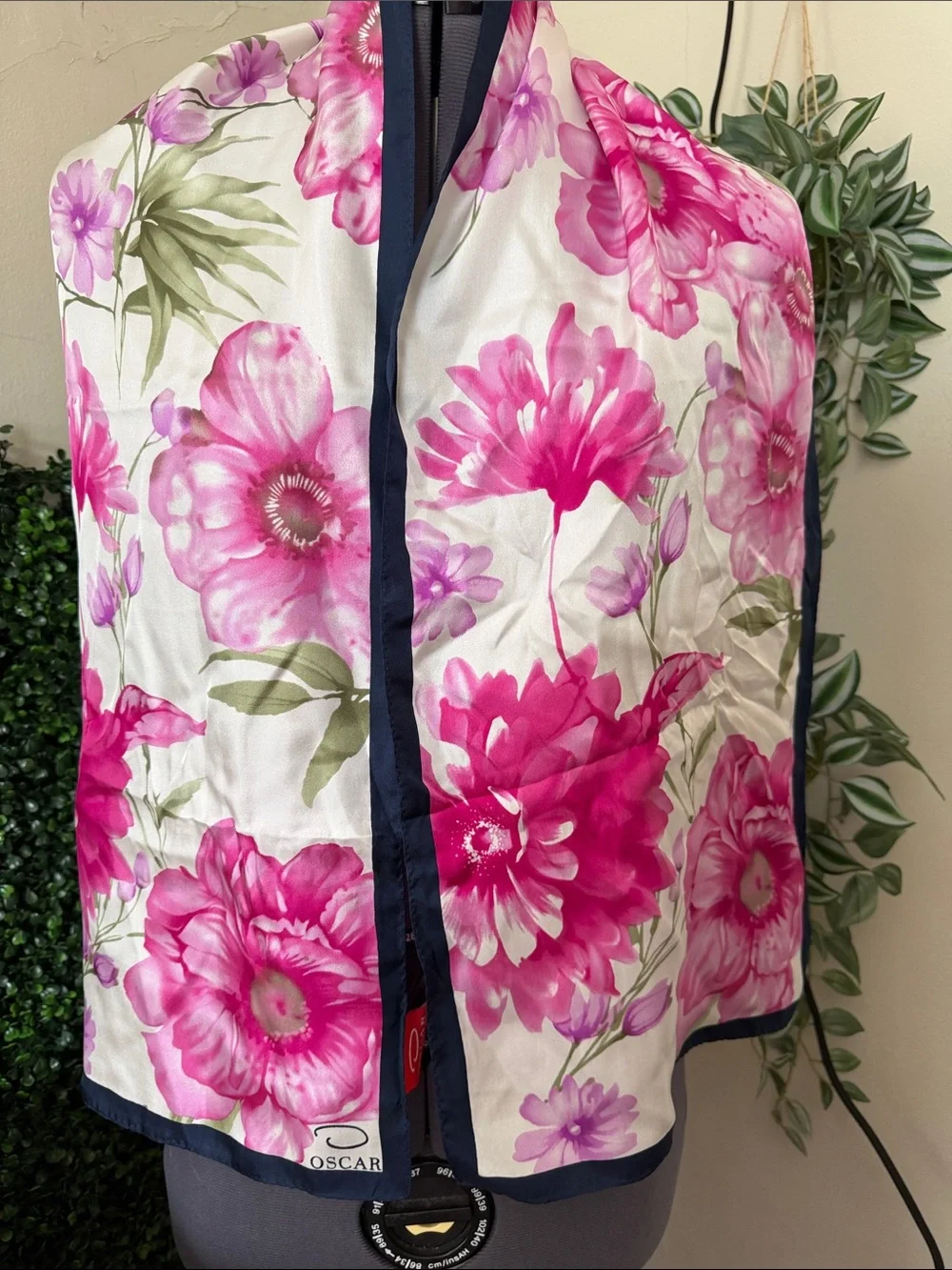 Oscar de la Renta Pink Floral Silk Scarf with Navy Trim